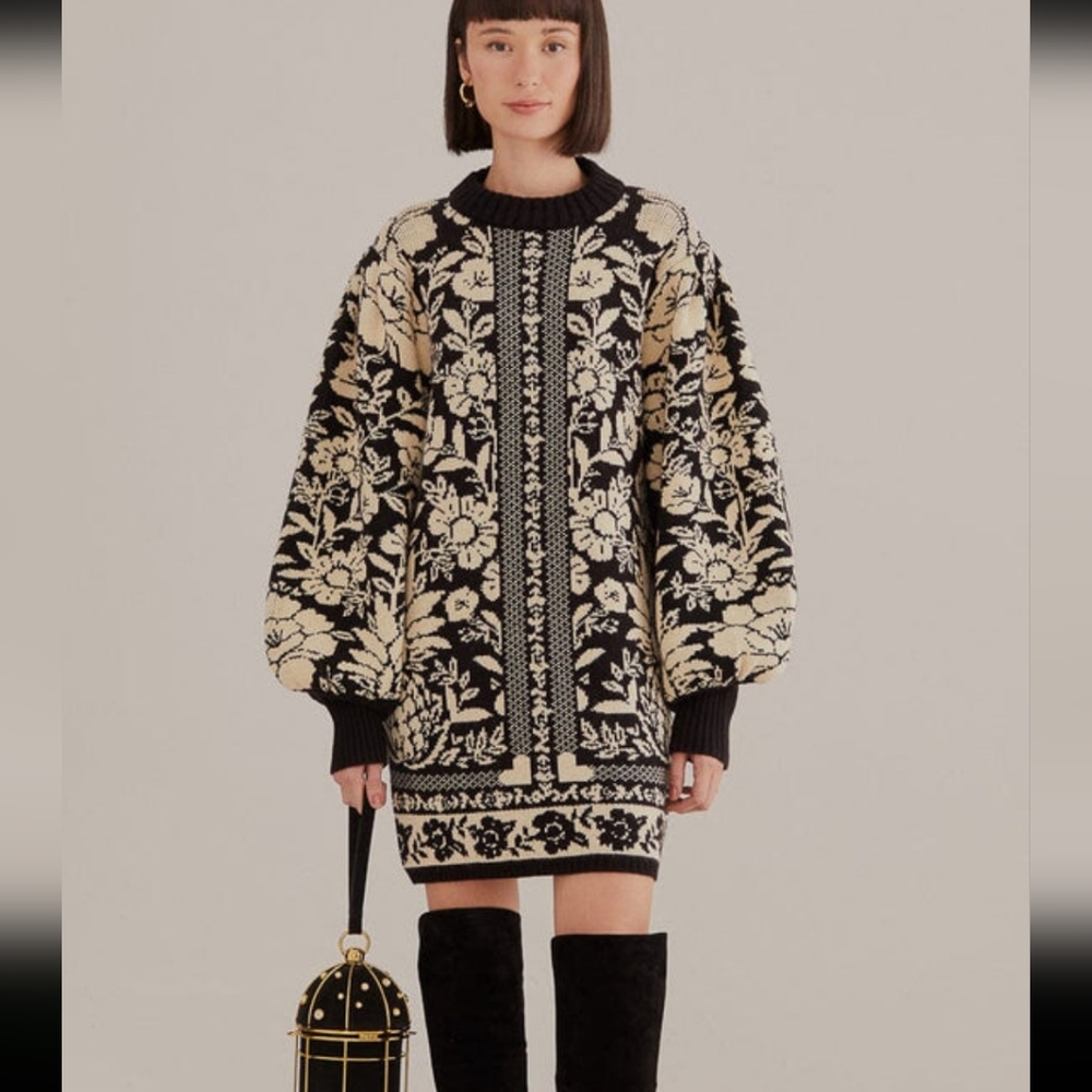 FarmRio Black Pineapple Garden Mini Sweater Dress